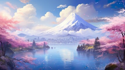 A vivid and colorful portrayal of the iconic Mount Fuji with cherry blossoms in full bloom, symbolizing rebirth and beauty