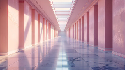 A long hallway with pink walls and a pink ceiling. The hallway is very long and has a lot of space