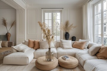 Stylish interior design of classic apartment with fabric sofa. Interior mockup. Classic interior design. Generative AI