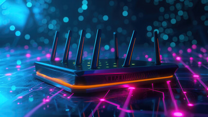 Wireless router 6G with neon glow - obrazy, fototapety, plakaty