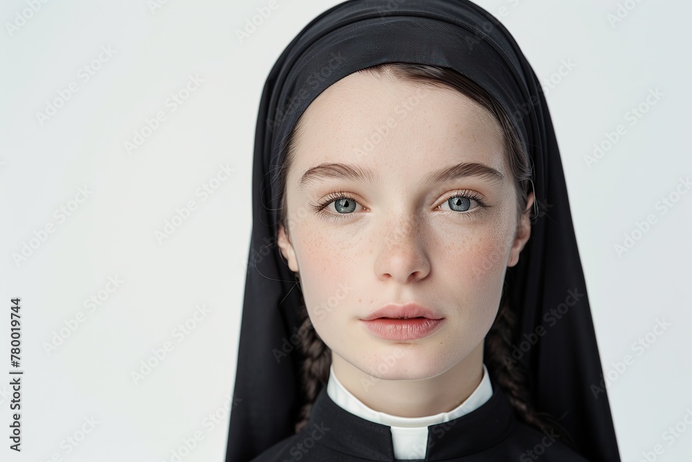 Wall mural young nun on white background