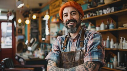 Barber with beard wearing hat and apron in vibrant barbershop setting. Entrepreneurship and fashion concept - Powered by Adobe