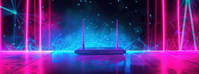 Wireless router 6G with neon glow - obrazy, fototapety, plakaty