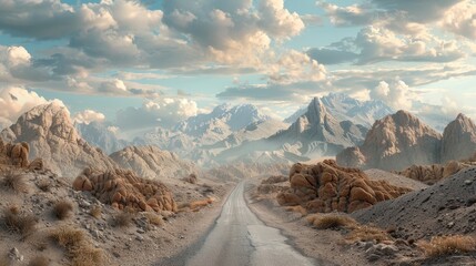 Journey on a road through desolate rocks, a metaphor for navigating life's obstacles with the promise of discovery ahead - obrazy, fototapety, plakaty
