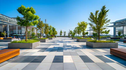 A large plaza with a lot of trees and benches. The trees are in planters and the benches are...