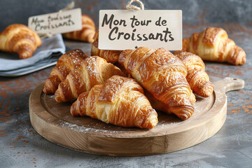 Fototapeta premium Artisan golden croissants arranged on a circular wooden board, 