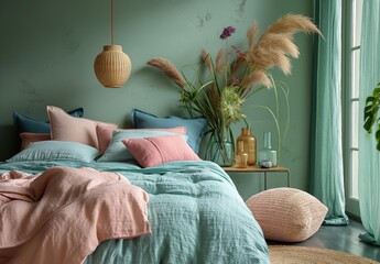Colorful bedroom interior concept with fabric bed, green home plant and home decor. Generative AI