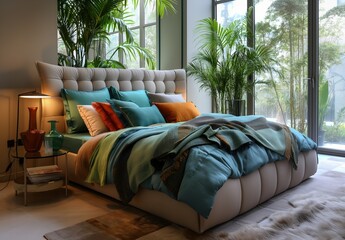 Colorful bedroom interior concept with fabric bed, green home plant and home decor. Generative AI