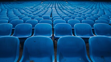 Blue stadium seats with a centered perspective view