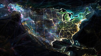 A digital Earth centered on America, showcasing the intricate web of international data exchange and connectivity - obrazy, fototapety, plakaty