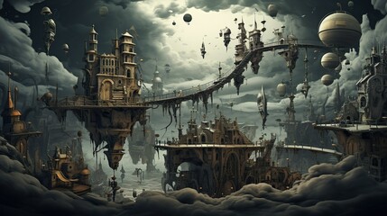 Fototapeta premium A complex steampunk city with interconnected bridges suspended in a dark stormy sky