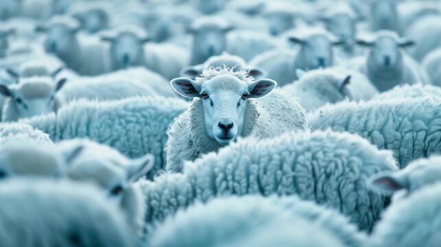 Amidst a sea of conformity, a white sheep stands out as a beacon of uniqueness and leadership, inspiring change
