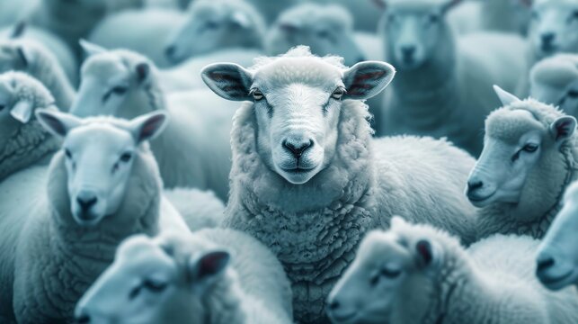 Amidst a sea of conformity, a white sheep stands out as a beacon of uniqueness and leadership, inspiring change