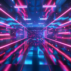 A neon colored room with a blue ceiling and pink walls. The room is lit up with neon lights and has a futuristic feel to it - obrazy, fototapety, plakaty