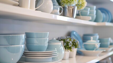 Close-up in 4K of a chic kitchen shelf, focused on the organization and display of modern dinnerware - obrazy, fototapety, plakaty
