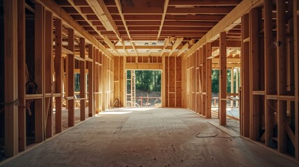 Interior view of a house under construction with wooden framework.
