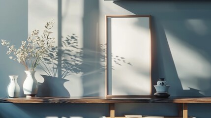 Close-up in 4K of a modern Japandi-style wall, featuring minimal shelves with beautiful vases and an empty frame for art
