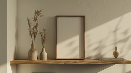 Fototapeta na wymiar Close-up in 4K of a modern Japandi-style wall, featuring minimal shelves with beautiful vases and an empty frame for art