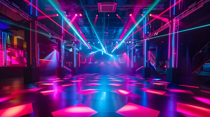 A large room with neon lights and a dance floor. The lights are bright and colorful, creating a fun and energetic atmosphere