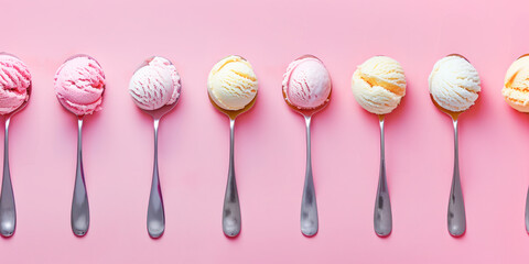Assorted Ice Cream Scoops on Spoons. Colorful ice cream scoops resting on metal spoons against a pink background, presenting a tempting treat.
