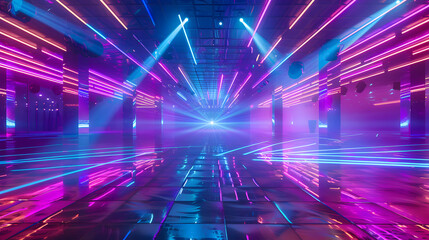 A neon lighted room with a blue and purple color scheme. The room is empty and has a futuristic feel to it