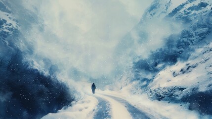Journey across a snowy path, a metaphor for navigating life's trials with the promise of discovery and freedom ahead - obrazy, fototapety, plakaty
