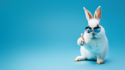 A cute white bunny wearing sunglasses gives a cool vibe against a blue background Perfect for whimsical and fun concepts - 780021537