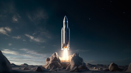 Image depicts a rocket in mid-take-off amidst a barren lunar-like terrain, evoking the anticipation of space exploration