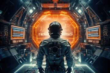 Futuristic scene with an astronaut in a spacesuit in the airlock of a spaceship, capturing the essence of space exploration.