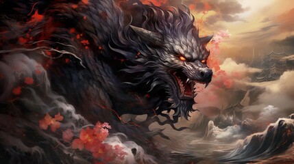 A fierce mythical wolf with glowing red eyes set against a dramatic backdrop of fiery landscape and cherry blossoms - obrazy, fototapety, plakaty