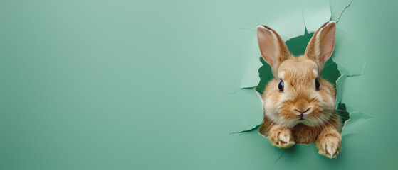 A golden rabbit looks to give a warm greeting as it comes out of a torn hole in a green paper background