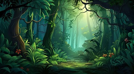 Fototapeta premium A mesmerizing path winds through a dense jungle, sunlight piercing through foliage creating a magical ambiance