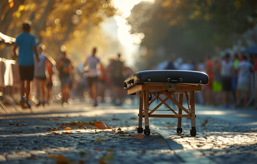 a massage table at the end of a marathon race - obrazy, fototapety, plakaty