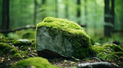Close-up of a vibrant green moss-covered rock in a lush forest setting with blurred background
