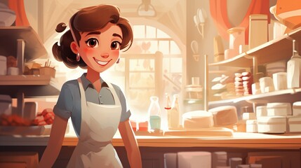 Artistic rendering of a woman busily working in a warm, sunlit retro-style kitchen - obrazy, fototapety, plakaty