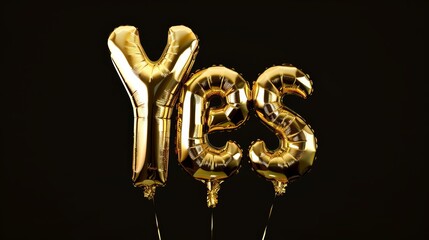 Golden YES balloons on a black background. Celebration and positive answer concept
