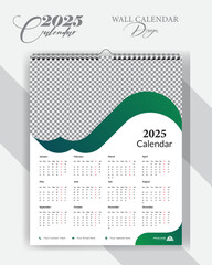 Creative Simple calendar design, two shape use and Gradient green and blue color use. Monthly wall calendar design 2025, Size 16/20 yearly calendar design with space for your image.