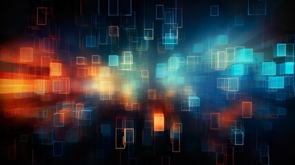 High-energy abstract representation of a technological process with vibrant red and blue illuminated lines and squares