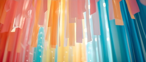 Vibrant Pastel Streamers Adorning a Festive Party Space. Concept Party Decor, Streamers, Pastel Colors, Festive, Vibrant