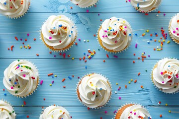 Flat lay of tasty cupcakes with butter cream and sprinkles on wooden table - obrazy, fototapety, plakaty