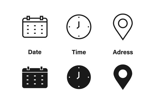 Time, date, address - location, contact - line icon set with editable stroke. Vector illustration.
