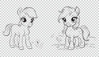 Pony icon symbol set for kids coloring page, vector illustrations on transparent background