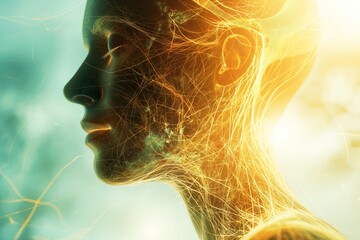 Illustration of a human with a luminous neural interface connected from the head to network