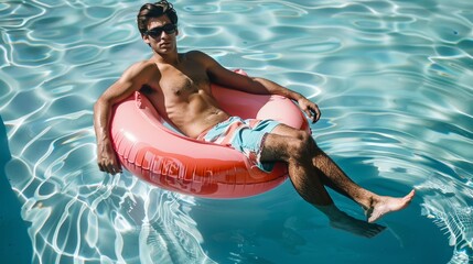Man relaxing in a pink inflatable ring in a swimming pool. Summer leisure and vacation concept