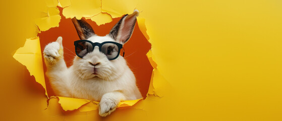 A charismatic rabbit wears sunglasses and gives a peace sign, infusing humor and style against the yellow background