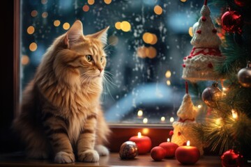 A lovable tabby cat enjoys Christmas warmth, cozy by the window with a flickering candle.