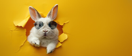 A chic white rabbit with stylish mirror sunglasses peering through a yellow paper background