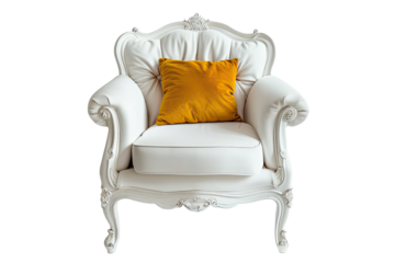 White armchair with small yellow pillow isolated on transparent(