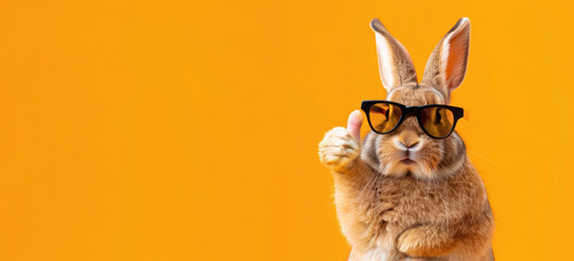A playful brown rabbit in black sunglasses gives a thumbs up sign with its paw