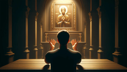 Close-up of a believer praying intently at an icon. A believer demonstrates sincere prayer and hope. - obrazy, fototapety, plakaty